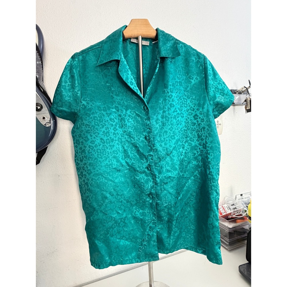 Erika Taylor Intimates Teal Green Leopard Satin Button Down Top Short Sleeve S